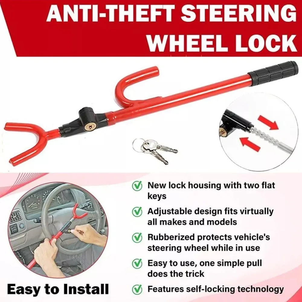 Eliteridegear anti-theft steering wheel lock securing a vehicle with a sturdy metal bar and locking mechanism for added security.