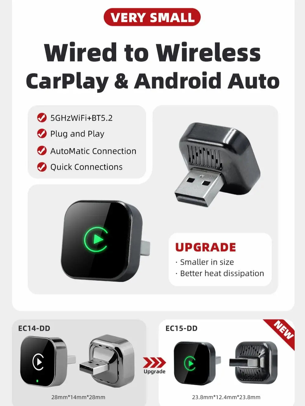 Qzonnect 2025 New Wireless CarPlay & Android Auto Adapter | Wireless Dongle – Ultra-Compact | For Factory-Wired CarPlay AA