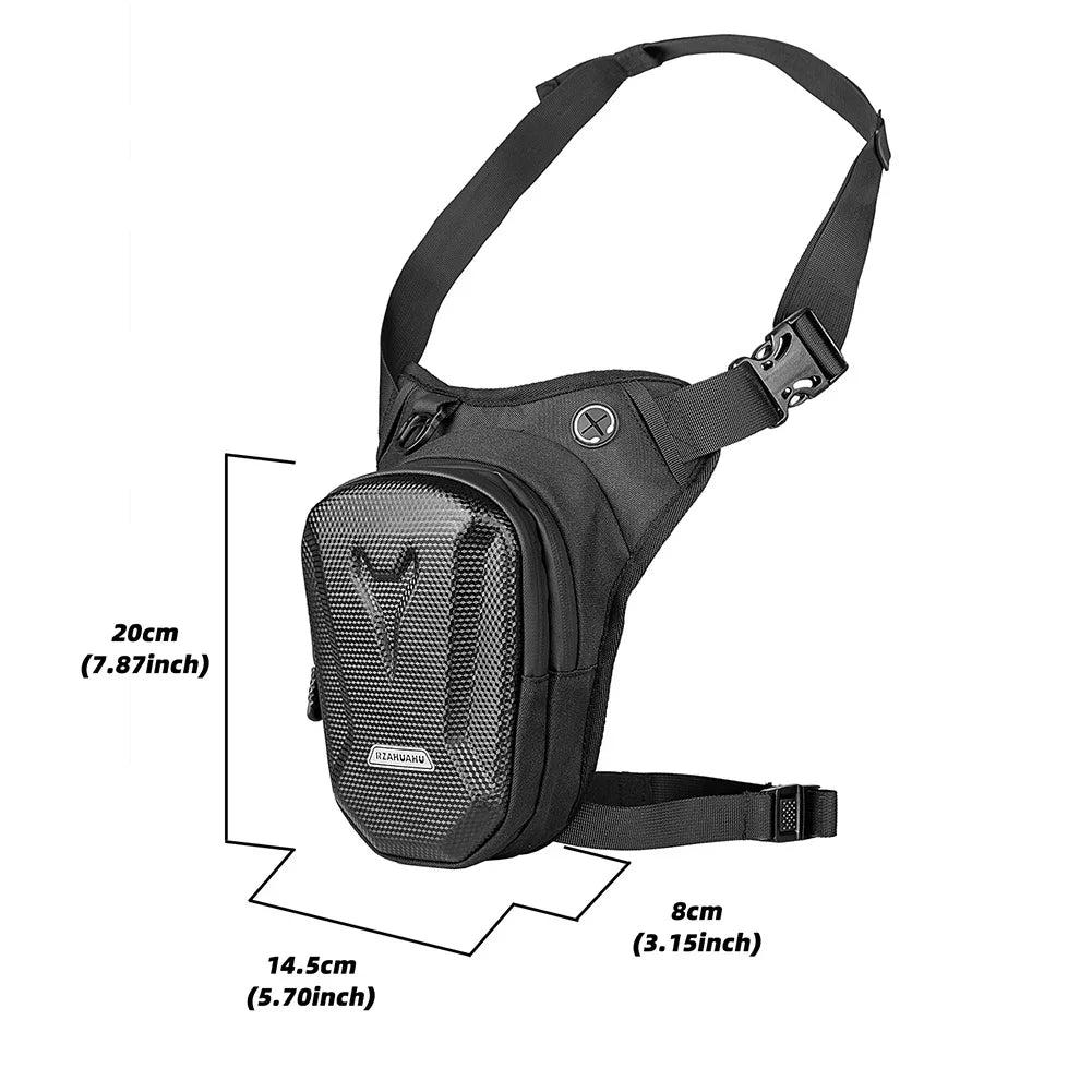 Eliteridegear motorcycle leg bag with hard shell EVA case, side pocket, and adjustable waist strap, suitable for outdoor biking.