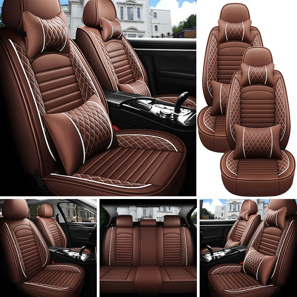 Eliteridegear 5-seats PU leather car seat covers set with front and rear cushions, universal fit for full vehicle protection.