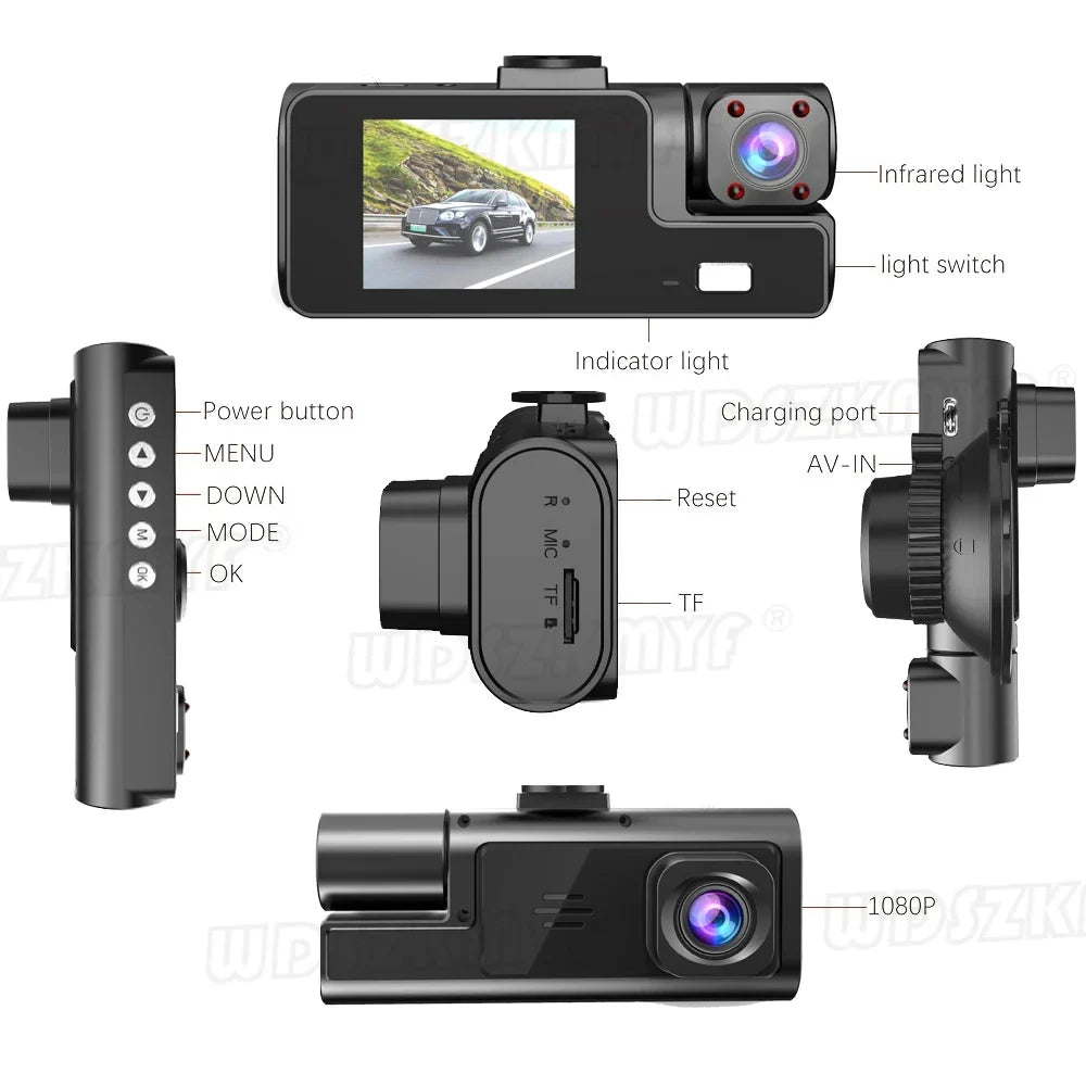 Eliteridegear 3 lens car recorder with front and rear cameras, 1080P resolution, night vision, WiFi, and memory card slot for vehicle security