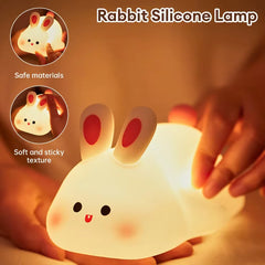 Cute bunny cartoon night light with USB recharge, touch dimming feature, ideal for children's bedside sleep.