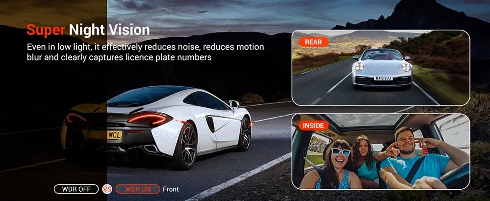 Eliteridegear 3 lens car recorder with front and rear cameras, 1080P resolution, night vision, WiFi, and memory card slot.