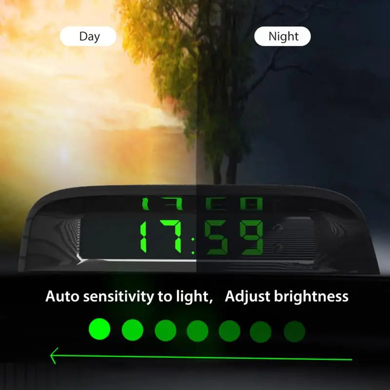 Eliteridegear portable solar car digital LCD clock and temperature display with backlight on a vehicle dashboard.