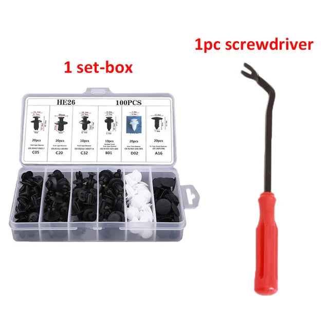 Set of 100 Eliteridegear plastic car clips and fastener screws for bumper, panel, and interior auto decoration.