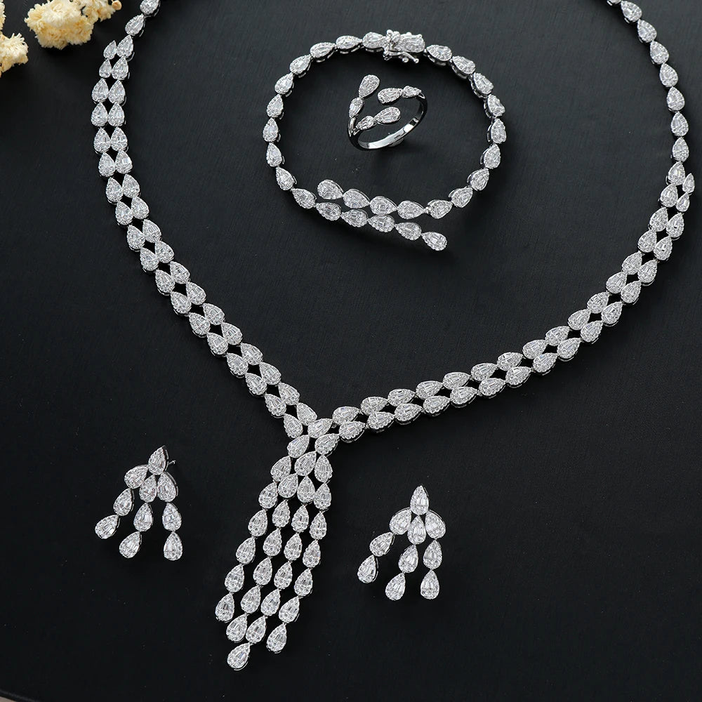 Luxury Water Drop Long Necklace Bracelet Earring Set for Women's Cubic Zirconia Bridal Jewelry S543