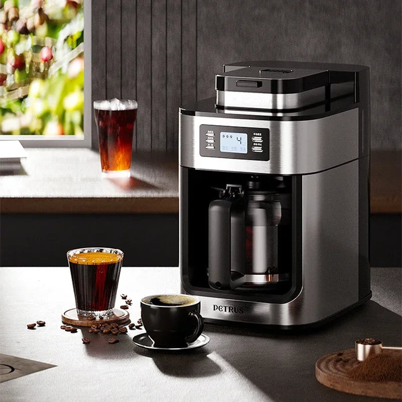 Electric Adistore 2-in-1 coffee maker with built-in grinder, 1050W power, LED display, and sleek modern design.
