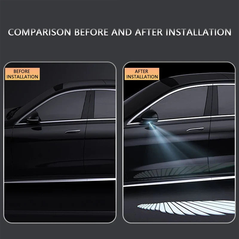 Eliteridegear Car LED puddle door lights projecting angel wing images onto ground from side mirrors in a universal fit setup.