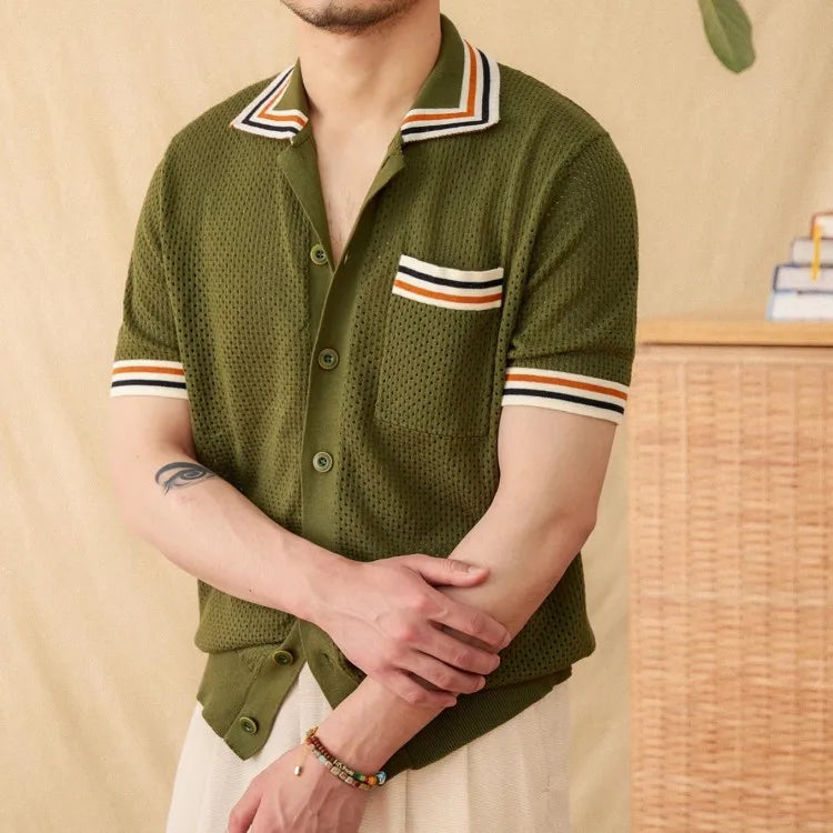 Casual hollow-out knitted men's vintage shirt with pockets, featuring a relaxed fit and textured knit fabric by Adistore.