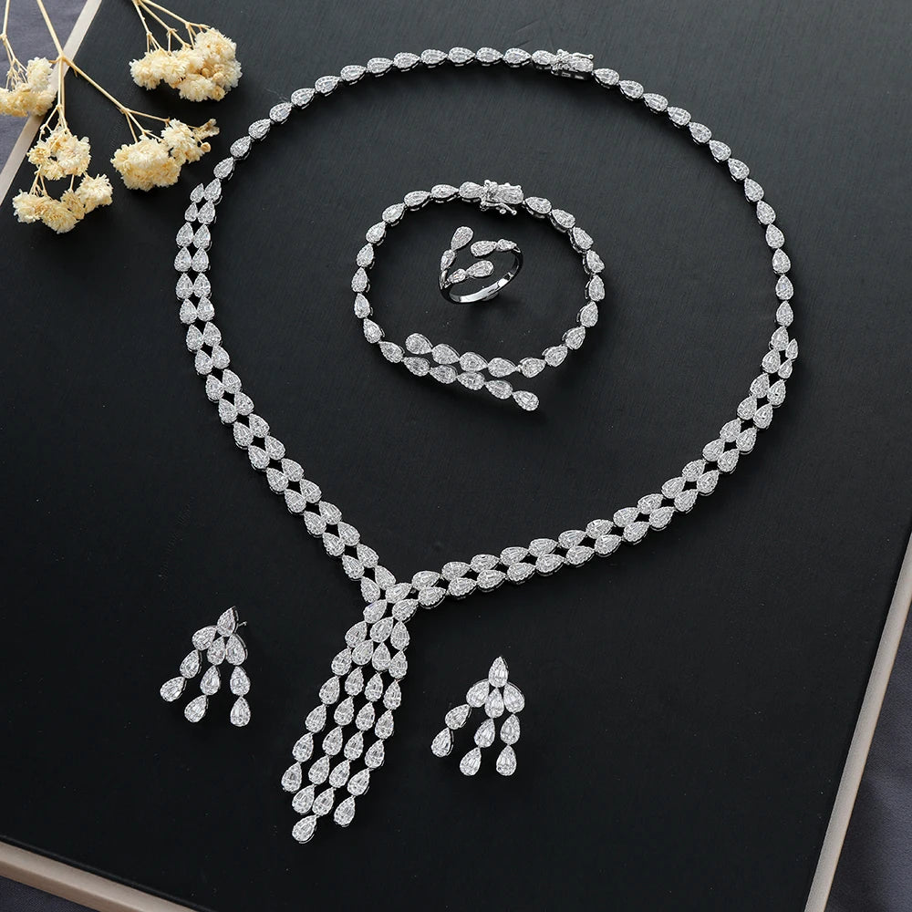 Luxury Water Drop Long Necklace Bracelet Earring Set for Women's Cubic Zirconia Bridal Jewelry S543