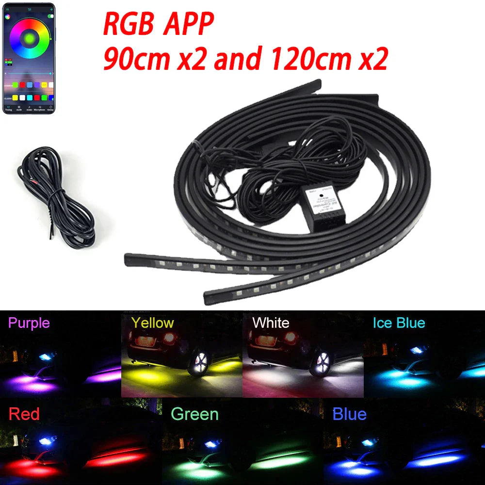 Eliteridegear RGB flexible car underglow light strip with app control, 12V LED neon ambient underbody decorative lamp.