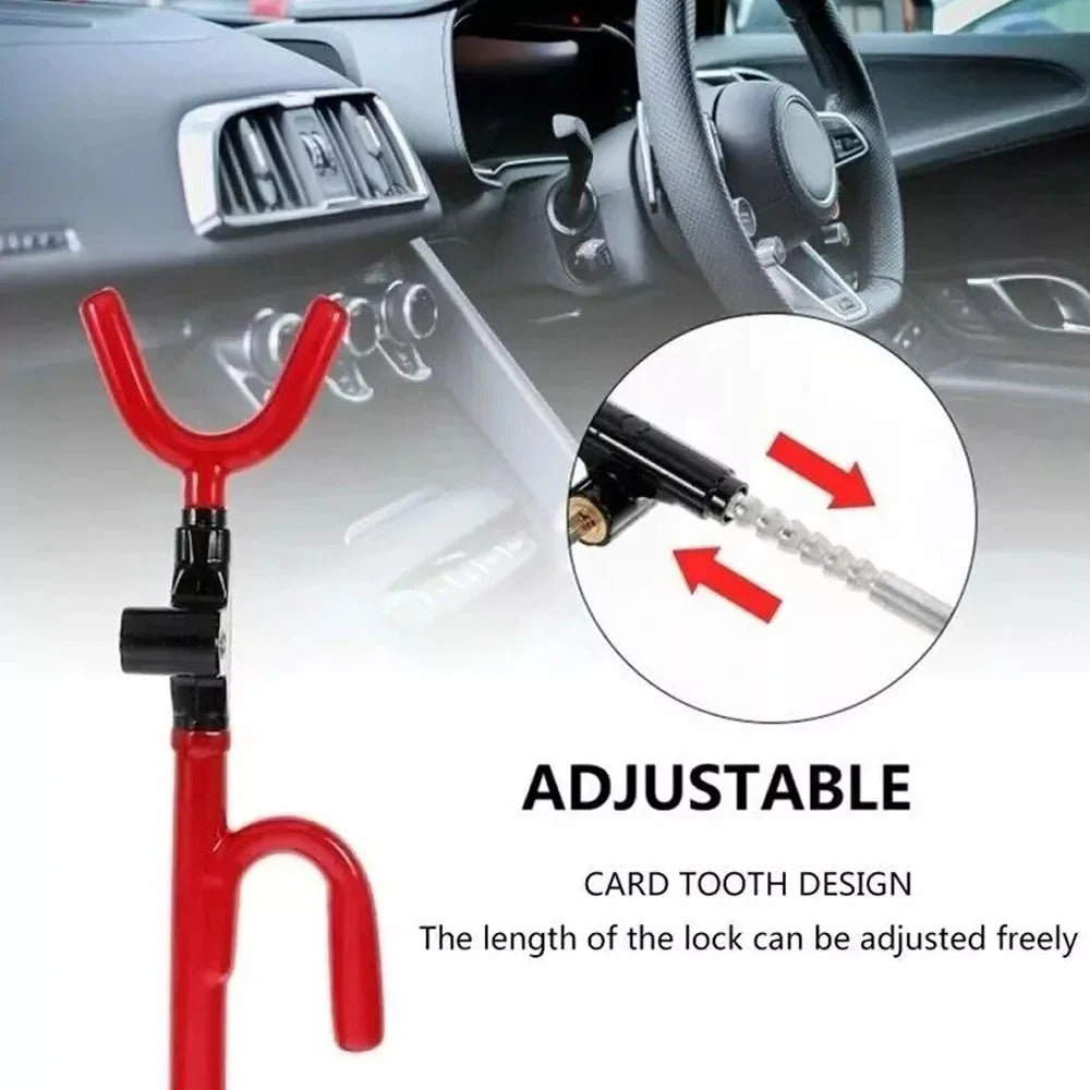 Eliteridegear anti-theft steering wheel lock securing a vehicle’s steering wheel with a durable metal design for added security.