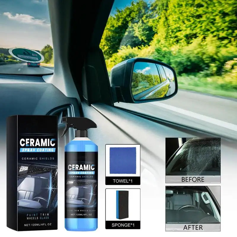 Eliteridegear 120ml glass cleaner spray with nano coating liquid for hydrophobic, anti-scratch car waxing and polishing.