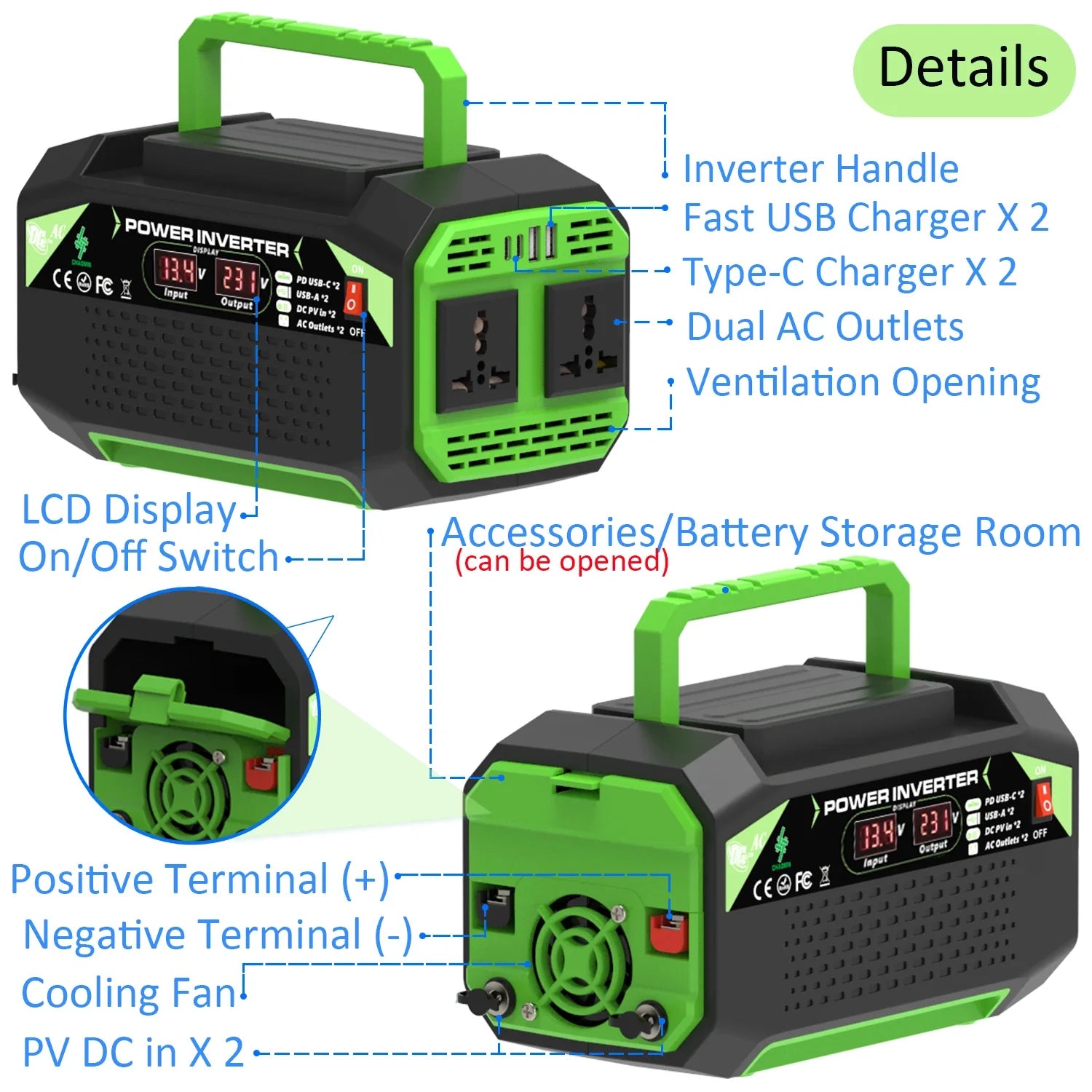 Adistore 500W 12V to AC power inverter with USB and Type-C ports, showing compact device with power buttons and connection ports