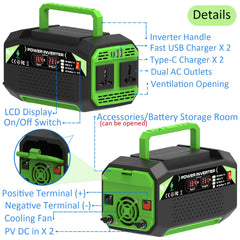 Adistore 500W 12V to AC power inverter with USB and Type-C ports, showing compact device with power buttons and connection ports