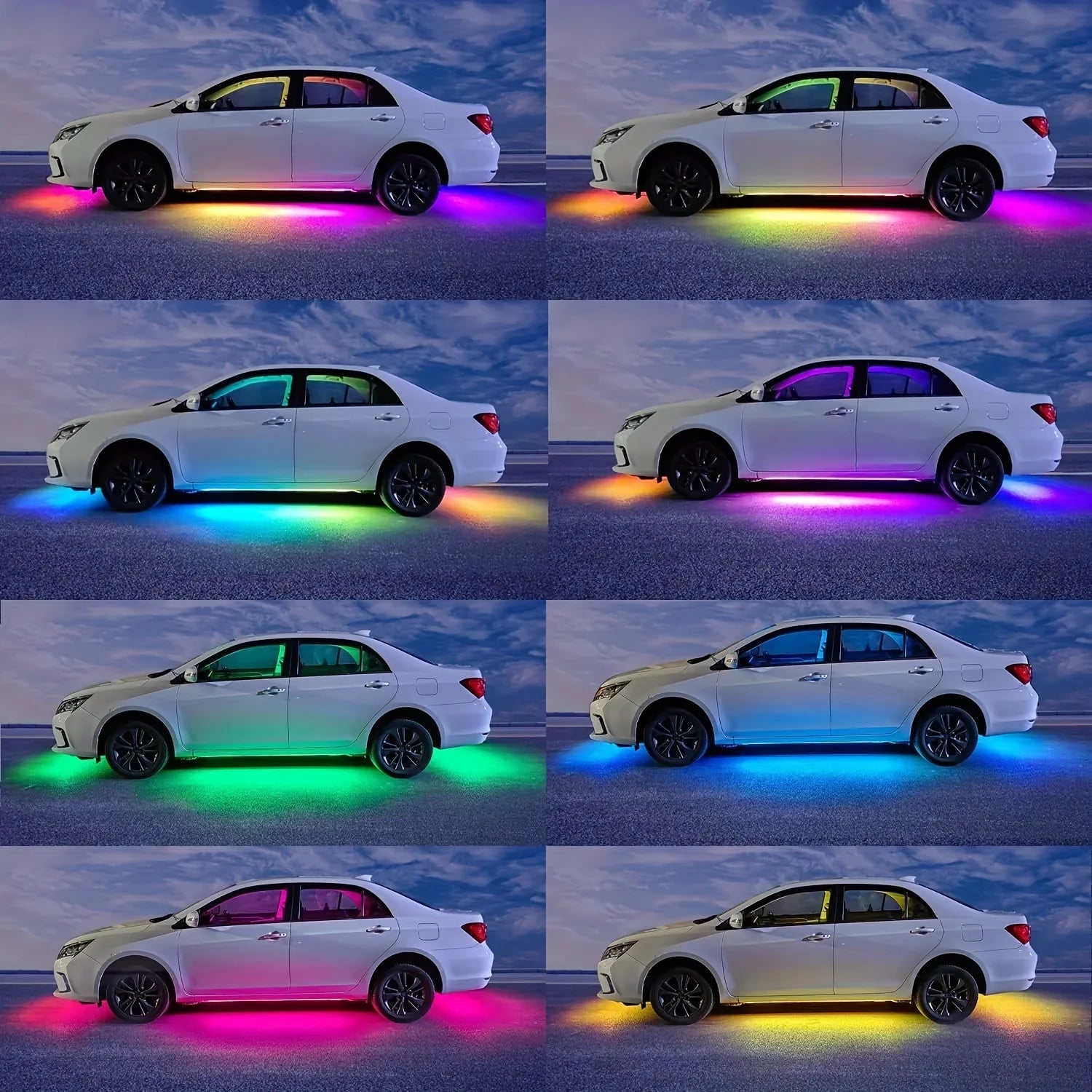 RGB flexible car underglow light strip by Eliteridegear, 12V LED underbody ambient light with app control and neon decorative effect.
