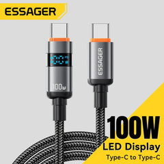 Essager 100W USB-C to USB-C PD fast charge cable by Adistore, showing a close-up of the black USB-C cable with connectors.