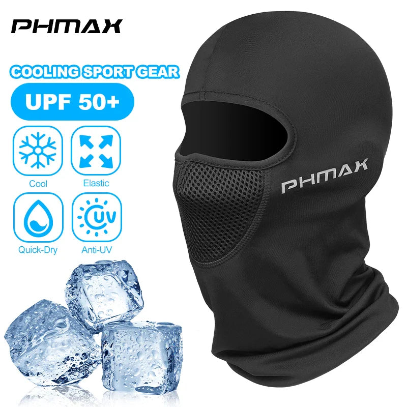 Eliteridegear PHMAX motorcycle full face mask with wind protection, breathable fabric, and warmth for bikers, including hood and balaclava features.