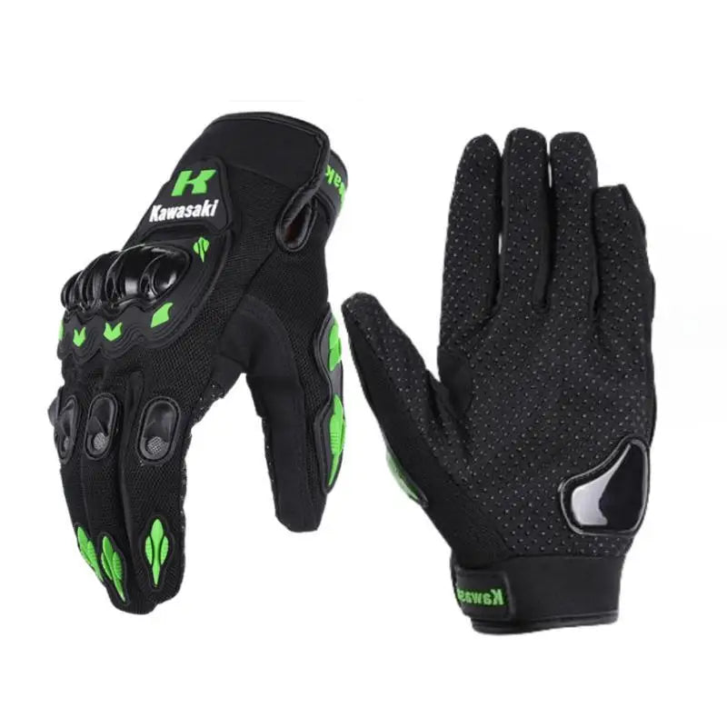 Eliteridegear Kawasaki breathable full finger motorcycle gloves with non-slip, wear-resistant motocross and racing design for bikers.