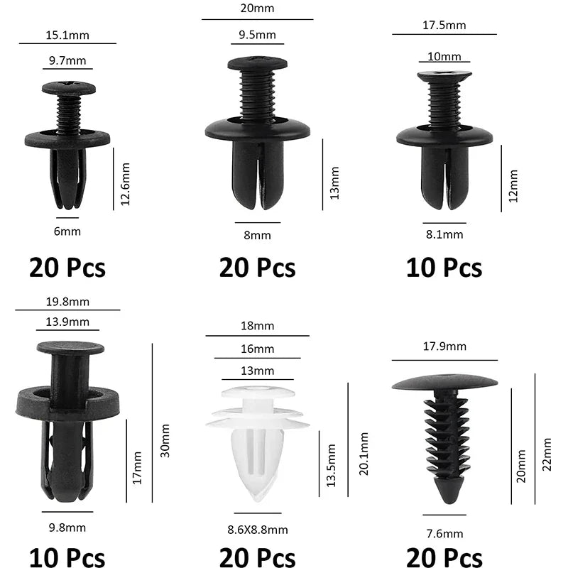 Set of 100 Eliteridegear plastic car clips and retainer pins for body, bumper, and interior panel fastenings.