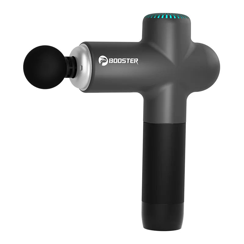 Adistore BOOSTER M2-12V massage gun with LCD display, deep muscle massager showing attachments and control panel.