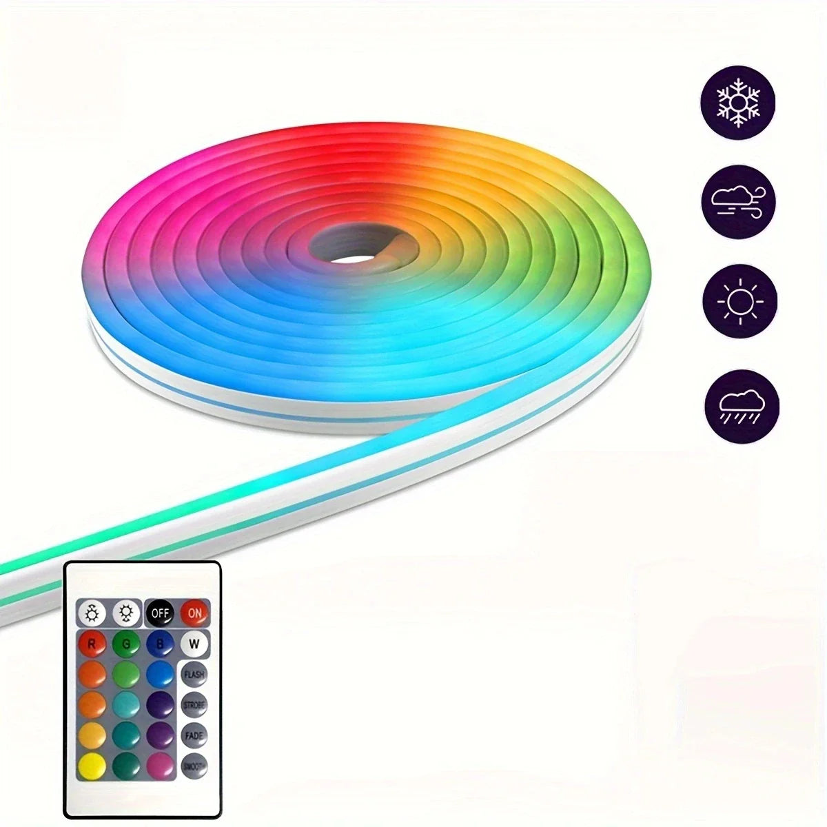 Eliteridegear 3M RGB LED neon light strip with remote control, waterproof, USB-powered for party, bedroom, and decorative lighting.