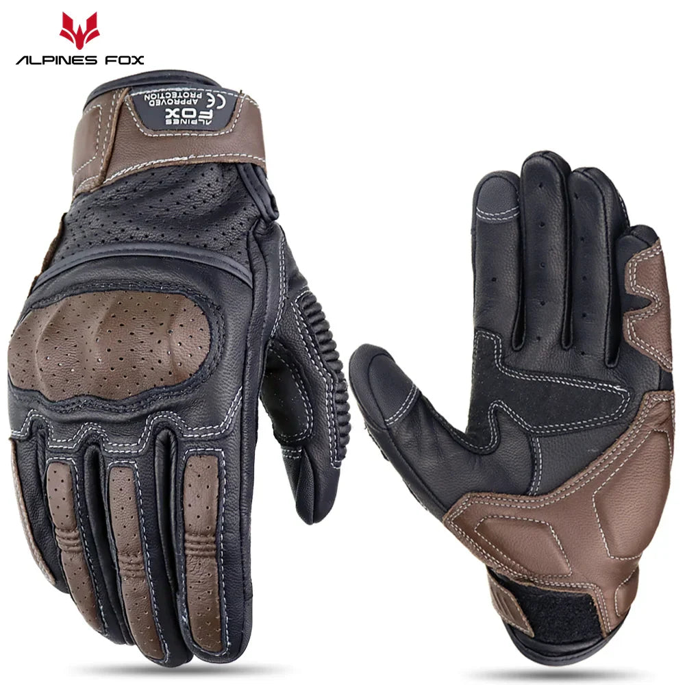 Eliteridegear summer retro perforated leather motorcycle gloves for men and women, full finger motocross biker gloves.