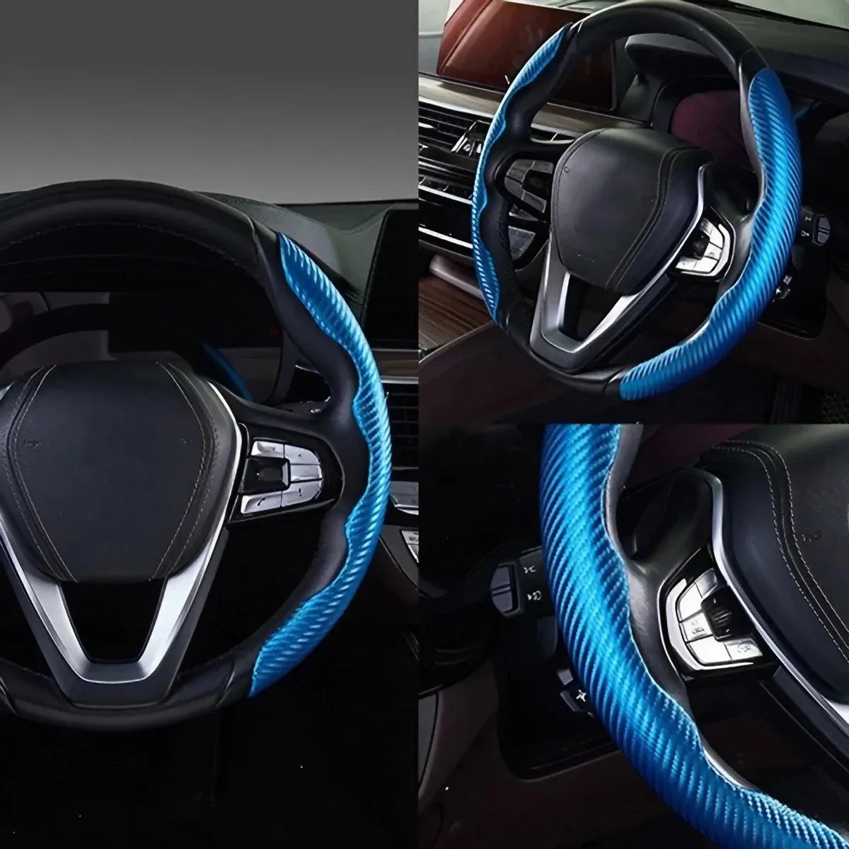 Ultra-thin carbon fiber steering wheel cover by Eliteridegear, anti-slip pattern, fits most car wheels, provides a sleek grip.