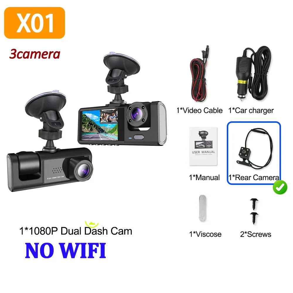 Eliteridegear 3 lens car recorder with front and rear cameras, 1080P video, night vision, VCR, WiFi, and memory card slot.
