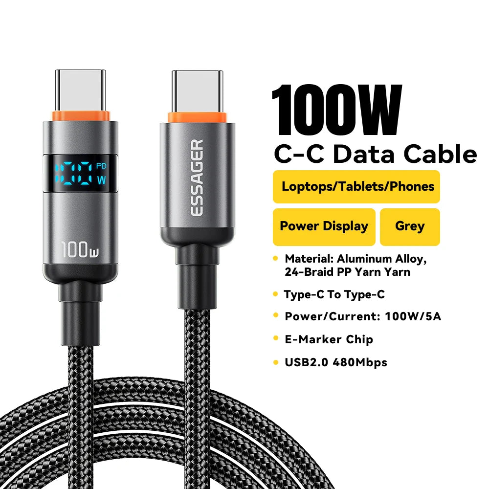 Adistore Essager 100W USB-C to USB-C PD fast charge cable, durable and compatible with quick charging devices.