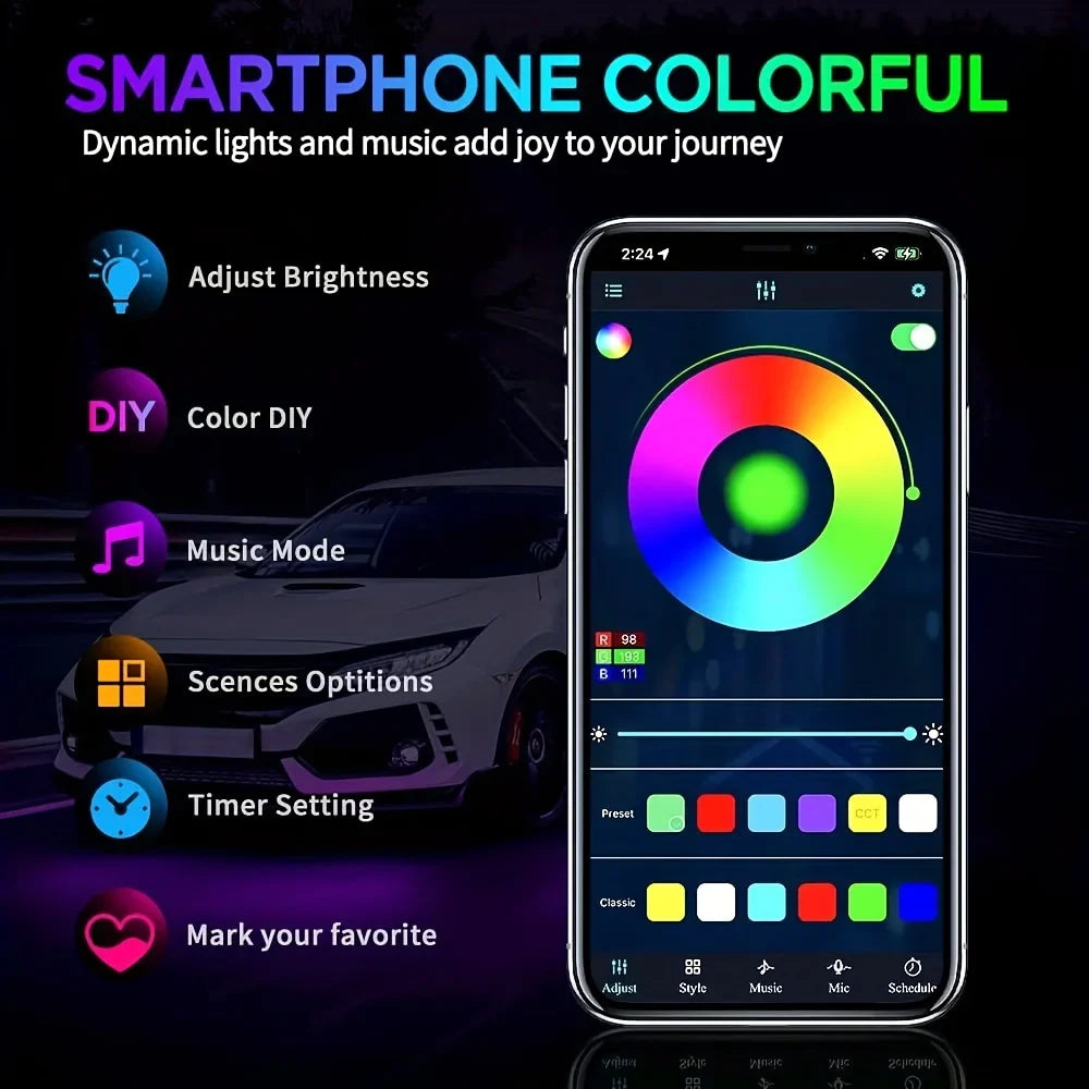 RGB flexible car underglow light strip by Eliteridegear, 12V LED underbody ambient light with app control for neon decorative lighting.