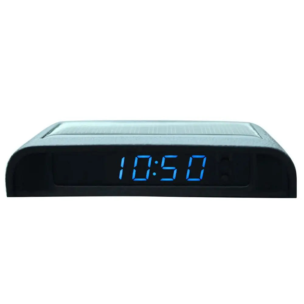 Portable solar-powered LCD car clock and temperature display by Eliteridegear with backlight for dashboard use.