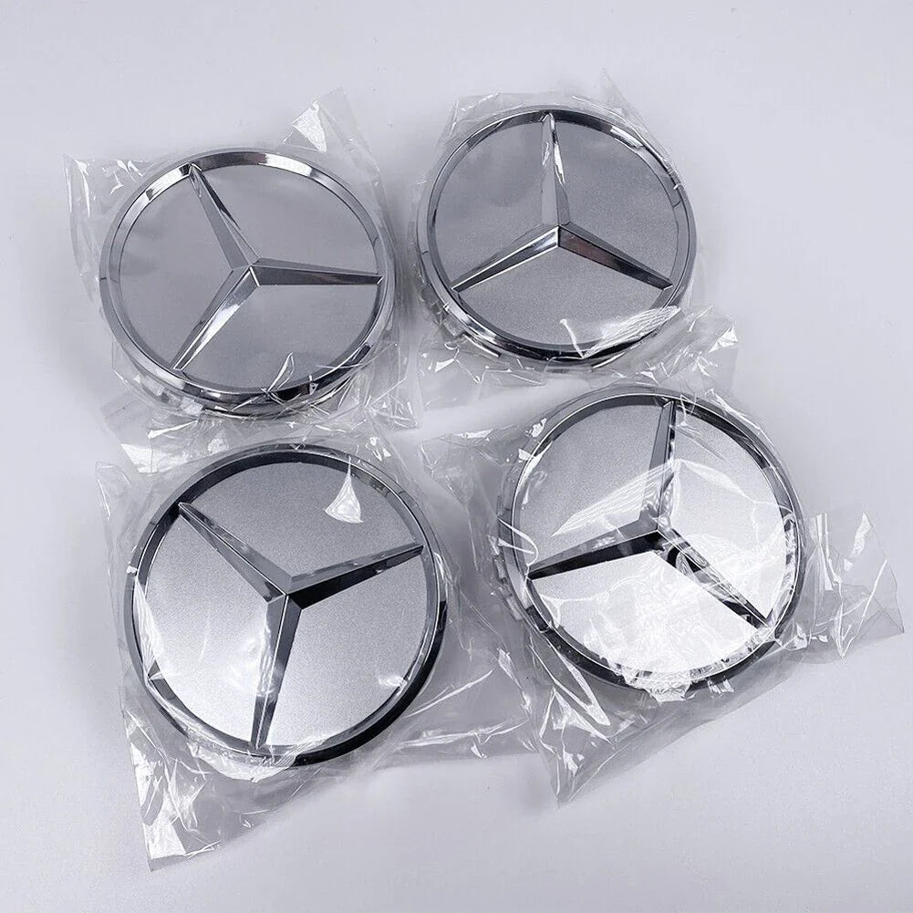 Set of 4/8 silver car wheel center caps for Benz rims, 75mm hub caps with emblem, compatible with all Benz models by Eliteridegear.