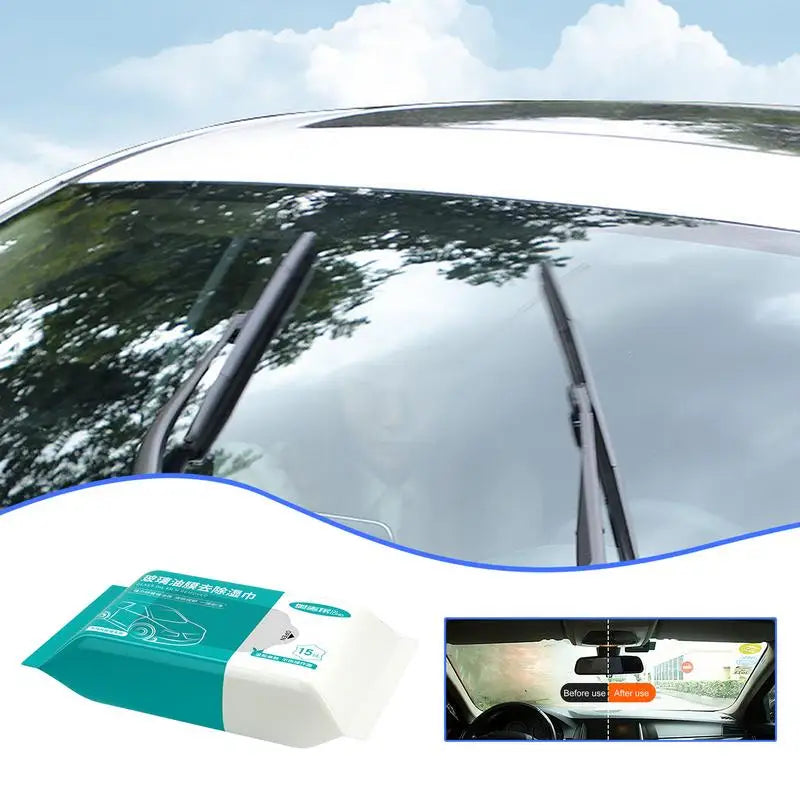 Eliteridegear car glass cleaning wipes for windshield and windows, showing a pack of easy-to-use wipes in a clear container.