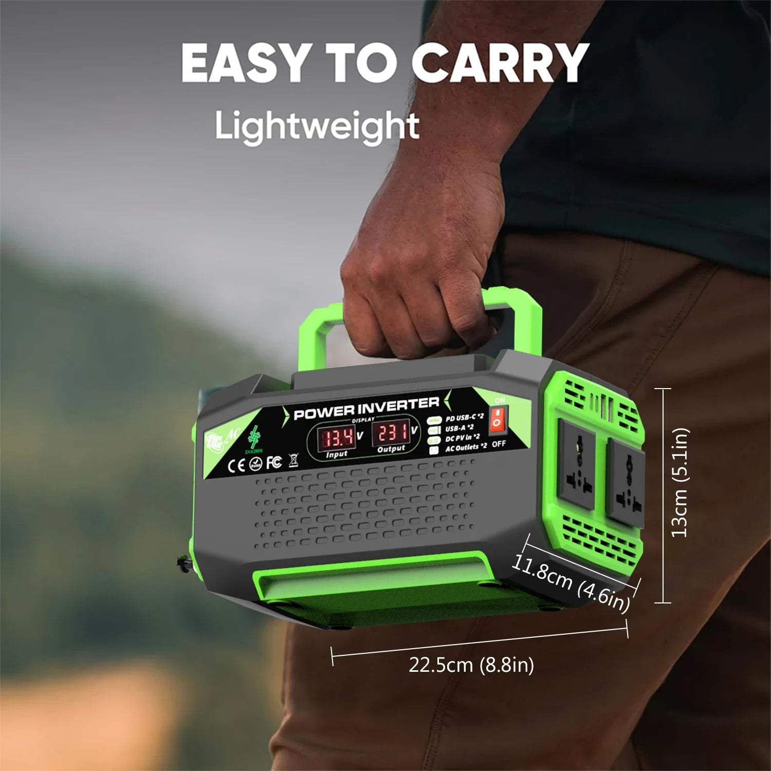 Adistore 500W 12V to AC power inverter with USB and Type-C ports, compact device for vehicle and off-grid power needs.