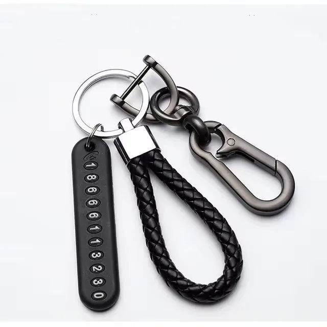 Eliteridegear trendy DIY mobile phone number plate pendant keychain with woven leather rope, punk style, anti-lost car key accessory for men