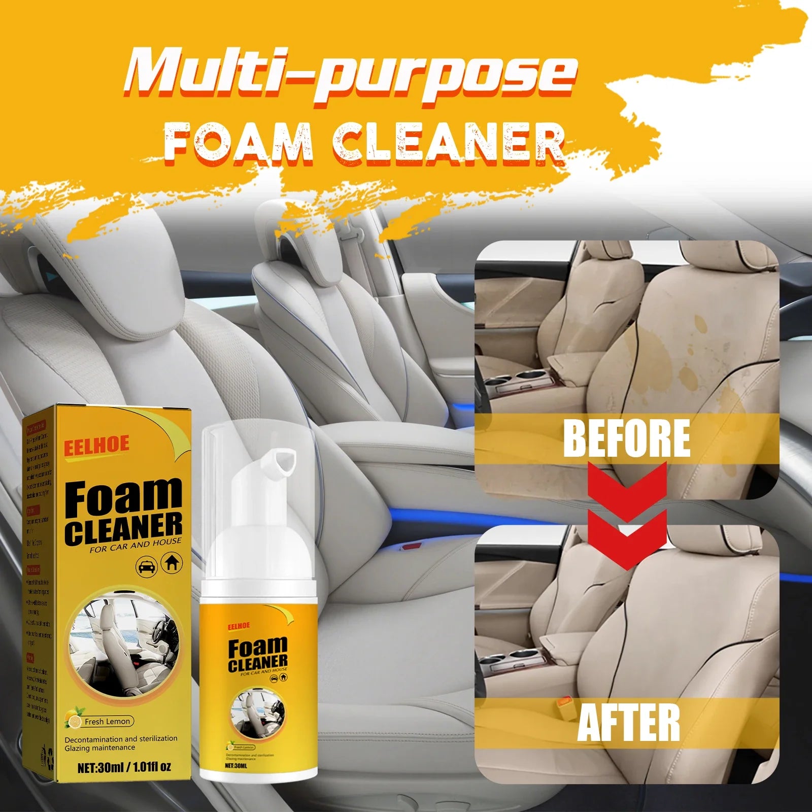 Eliteridegear 100ML multi-purpose foam cleaner for leather and car interior cleaning, showing foam spray on a clean leather surface.