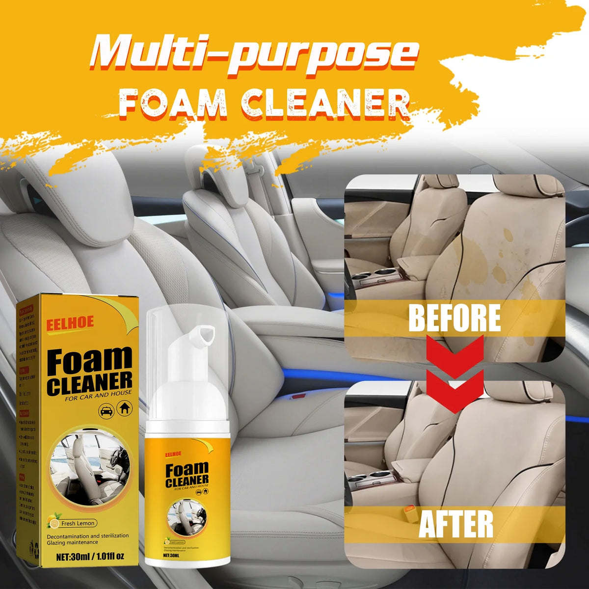 Eliteridegear 100ML multi-purpose foam cleaner for leather and car interior cleaning, showing foam spray on a clean leather surface.