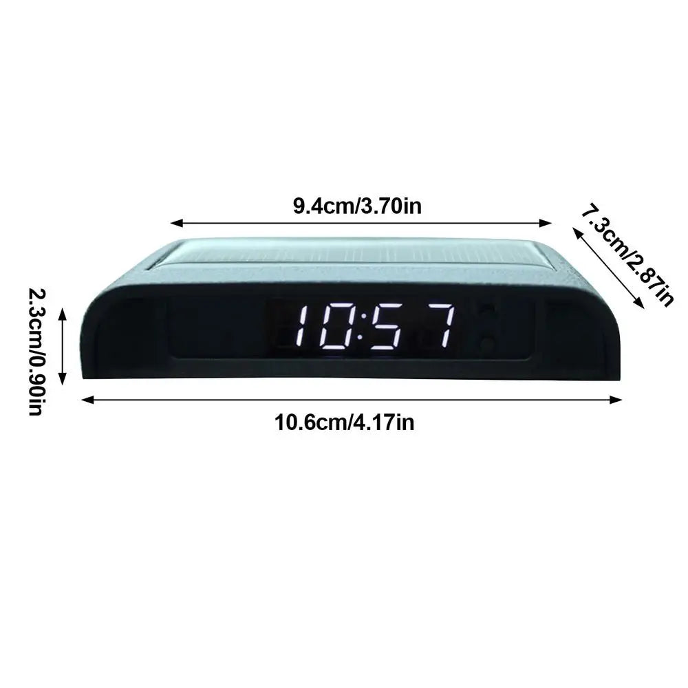 Eliteridegear portable solar car LCD clock with temperature display and backlight, mounted on vehicle dashboard.