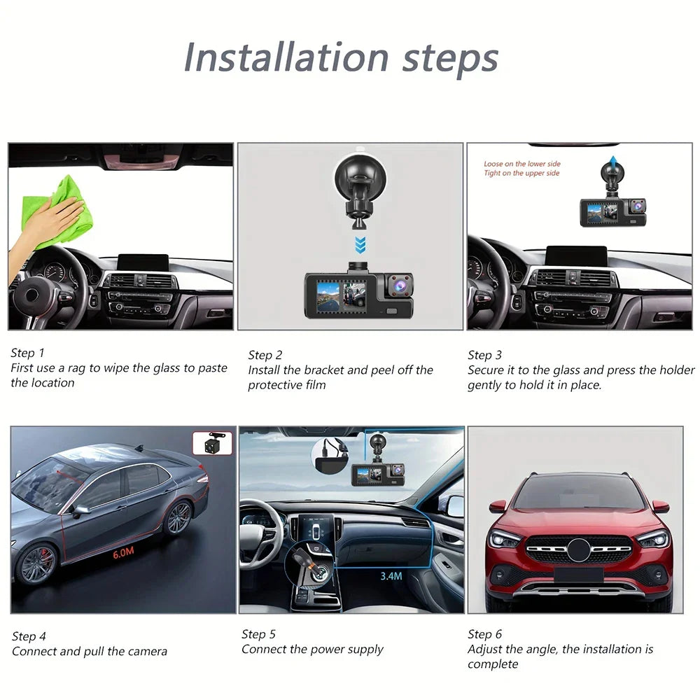 Eliteridegear 3 lens car recorder with 1080P front and rear cameras, night vision, WiFi, and memory card support for vehicle recording.