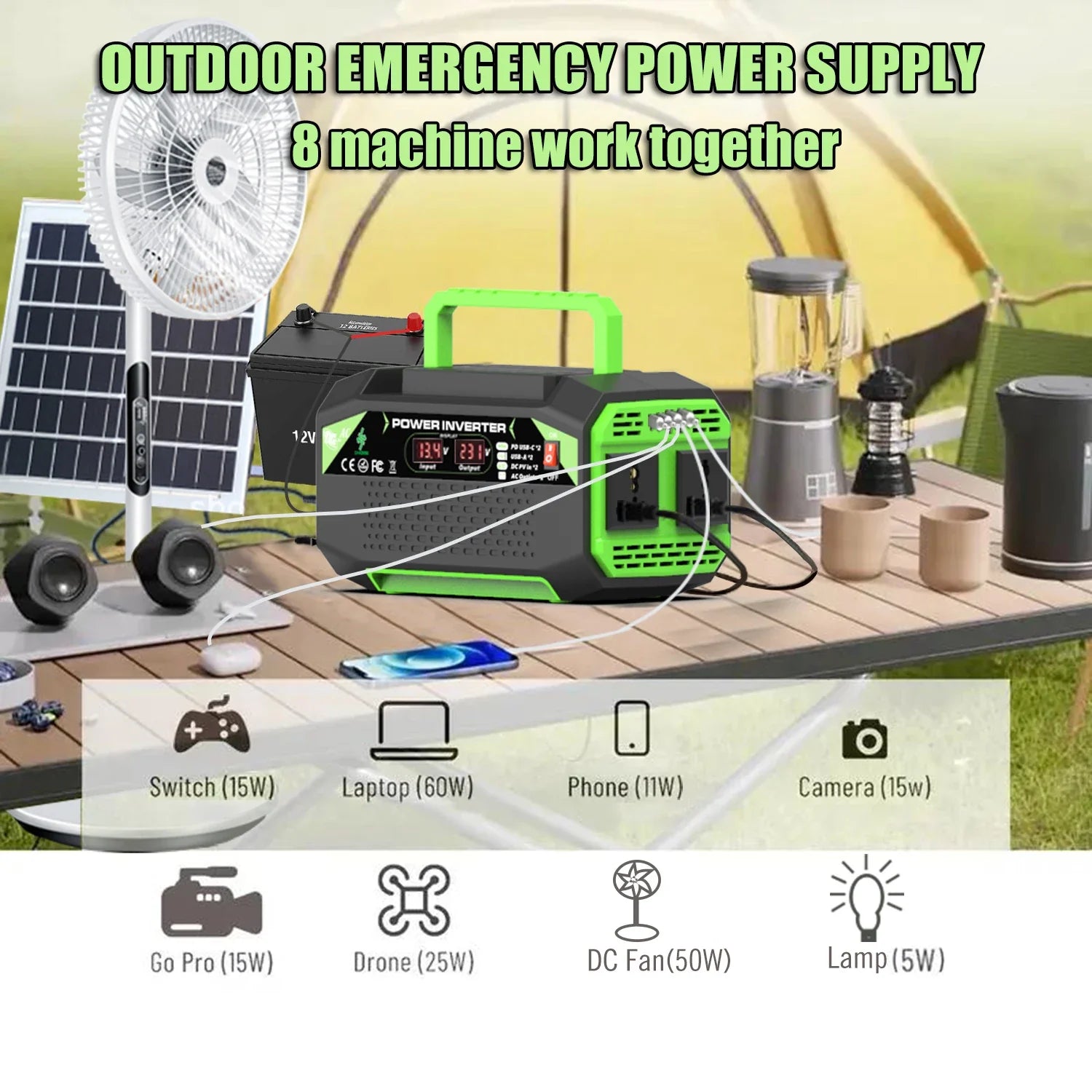 Adistore 500W 12V to AC power inverter with USB and Type-C ports, compact device for vehicle or portable power needs