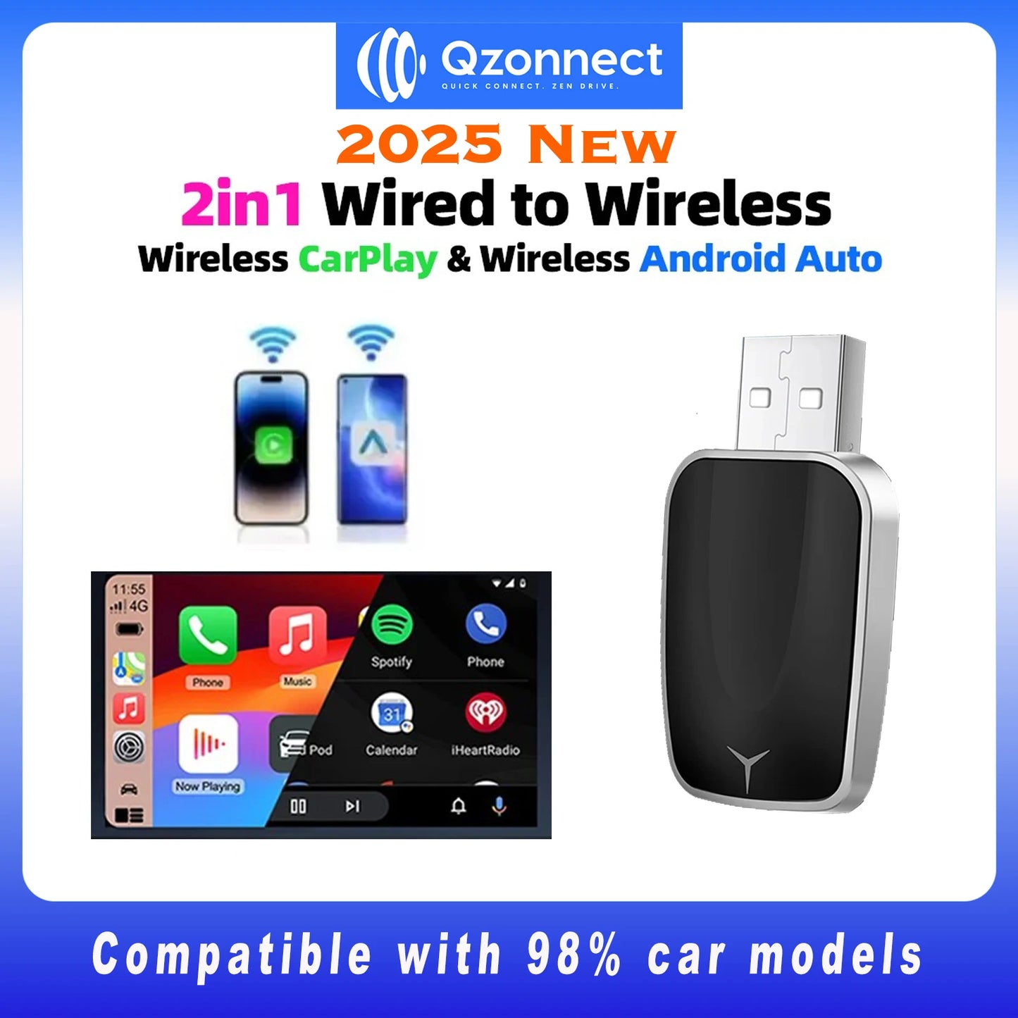 Qzonnect 2025 New Wireless CarPlay & Android Auto Adapter | Wireless Dongle – Ultra-Compact | For Factory-Wired CarPlay AA
