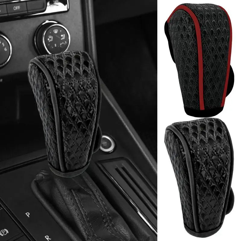 Leather car shift handle cover by Eliteridegear, non-slip, wear-resistant automatic gear shift sheath, designed for vehicle interior decor.