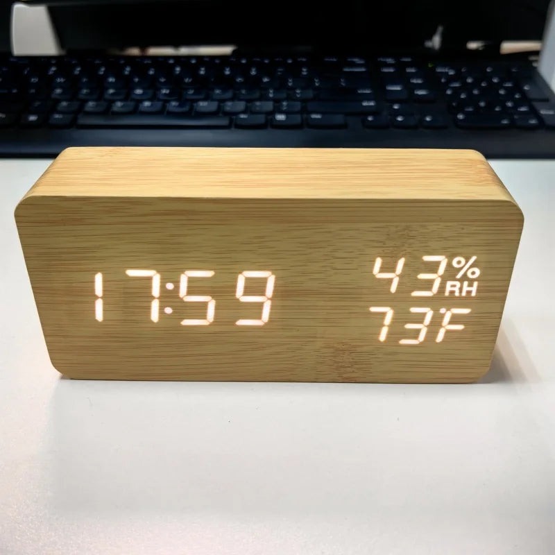 NieNeinChoice Voice Control Wood Digital Alarm Clock Bedroom