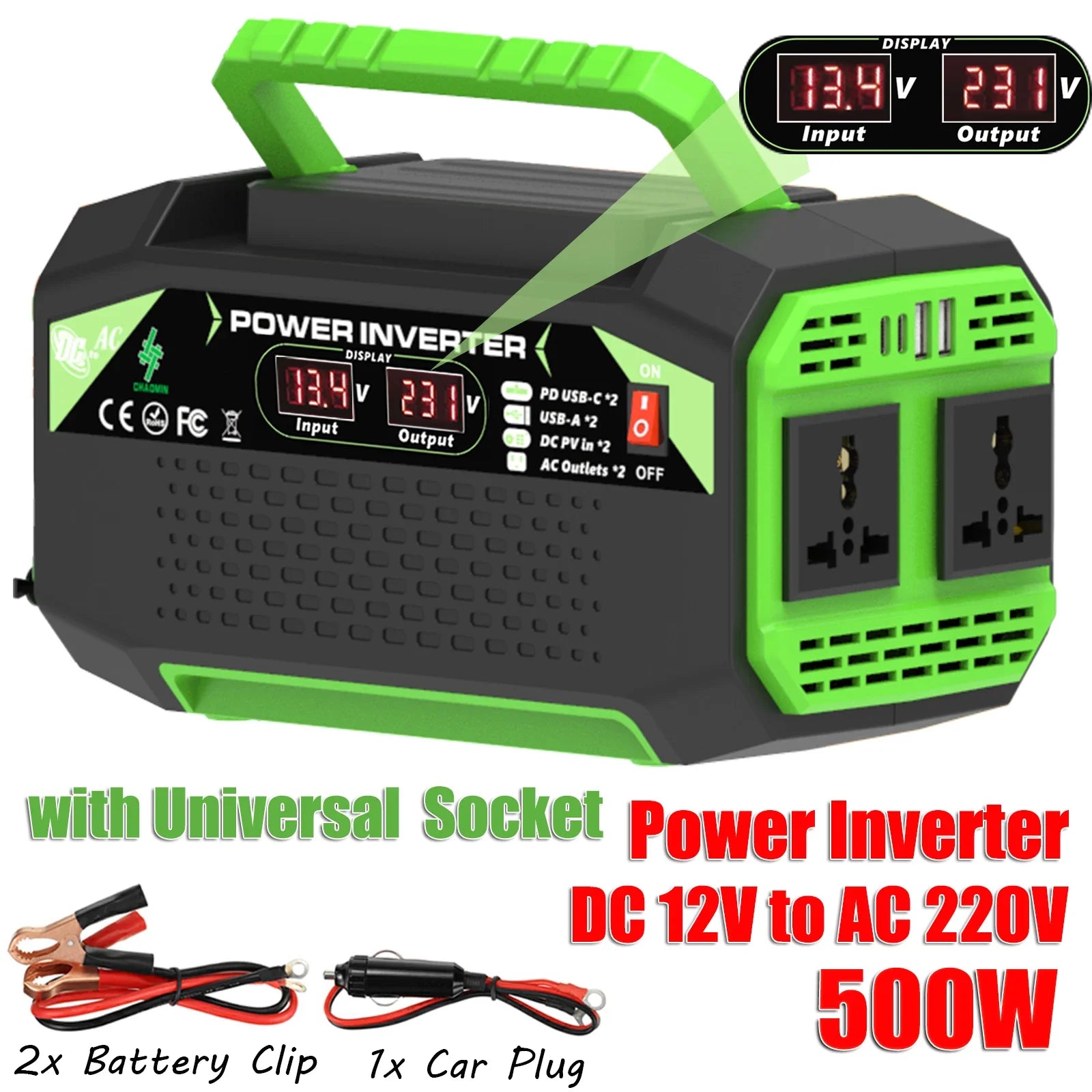 Adistore 500W 12V to AC power inverter with USB and Type-C ports, compact device for vehicle or portable power needs.