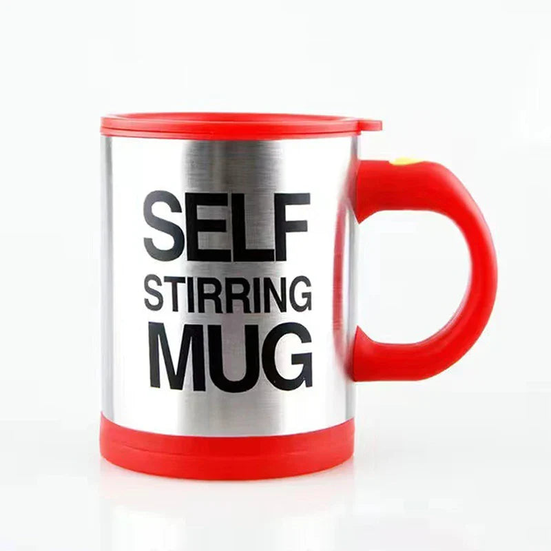 Automatic self-stirring mug by Adistore with stainless steel body and magnetic mixer for easy, mess-free coffee stirring.