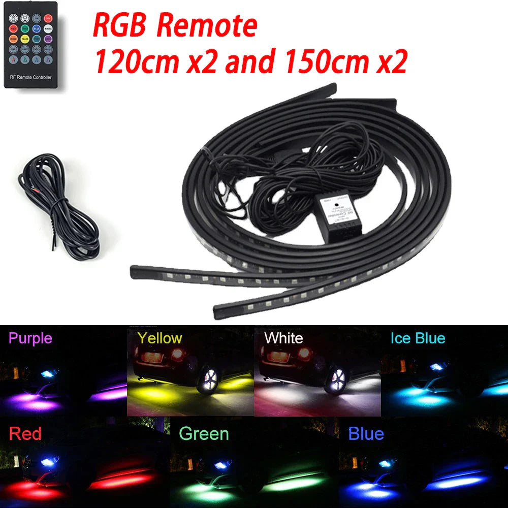 RGB flexible car underglow light strip by Eliteridegear, 12V LED underbody ambient light with app control and neon decorative effect.