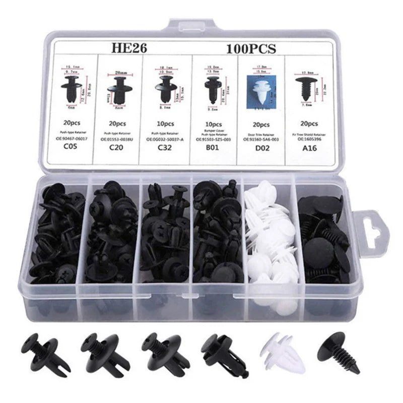 Set of 100 plastic car clips and fasteners, including push retainers and rivets for bumper, panel, and interior auto repairs.