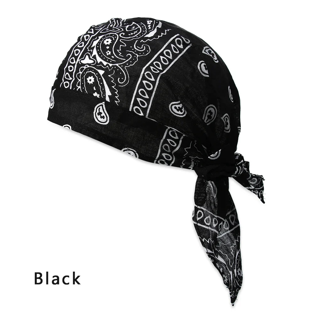 Unisex satin long tail doo rag durag with pirate style, worn as a hip hop headband by men and women, black color.