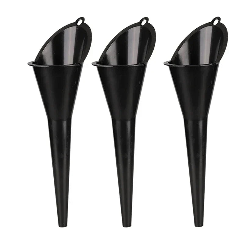 Eliteridegear plastic long stem fuel funnel with anti-splash design for gasoline, oil, and motorcycle refueling tools.